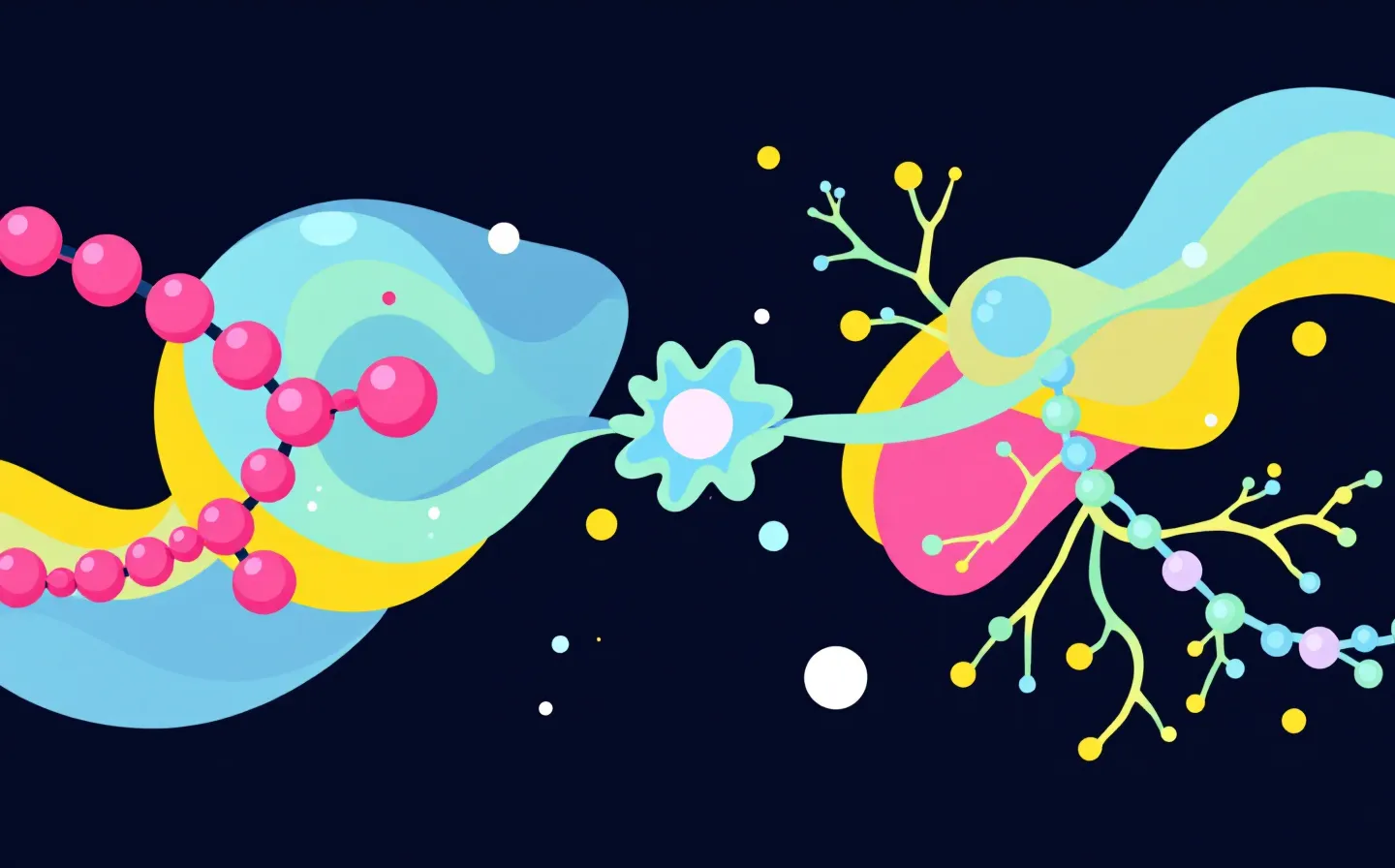 A bold color-blocked emblem of a hot-pink fifteen-bead peptide chain feeding an electric-blue receptor node with mint-green vessel-sprout branches, on a deep plum ground